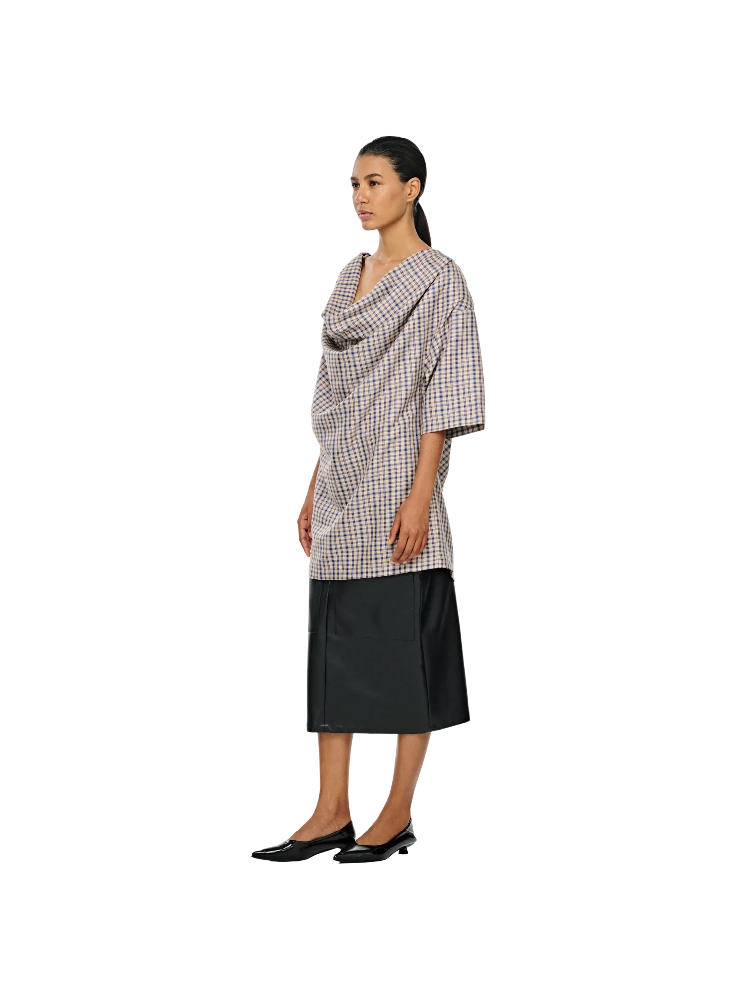 PLAID COWL NECK TOP
