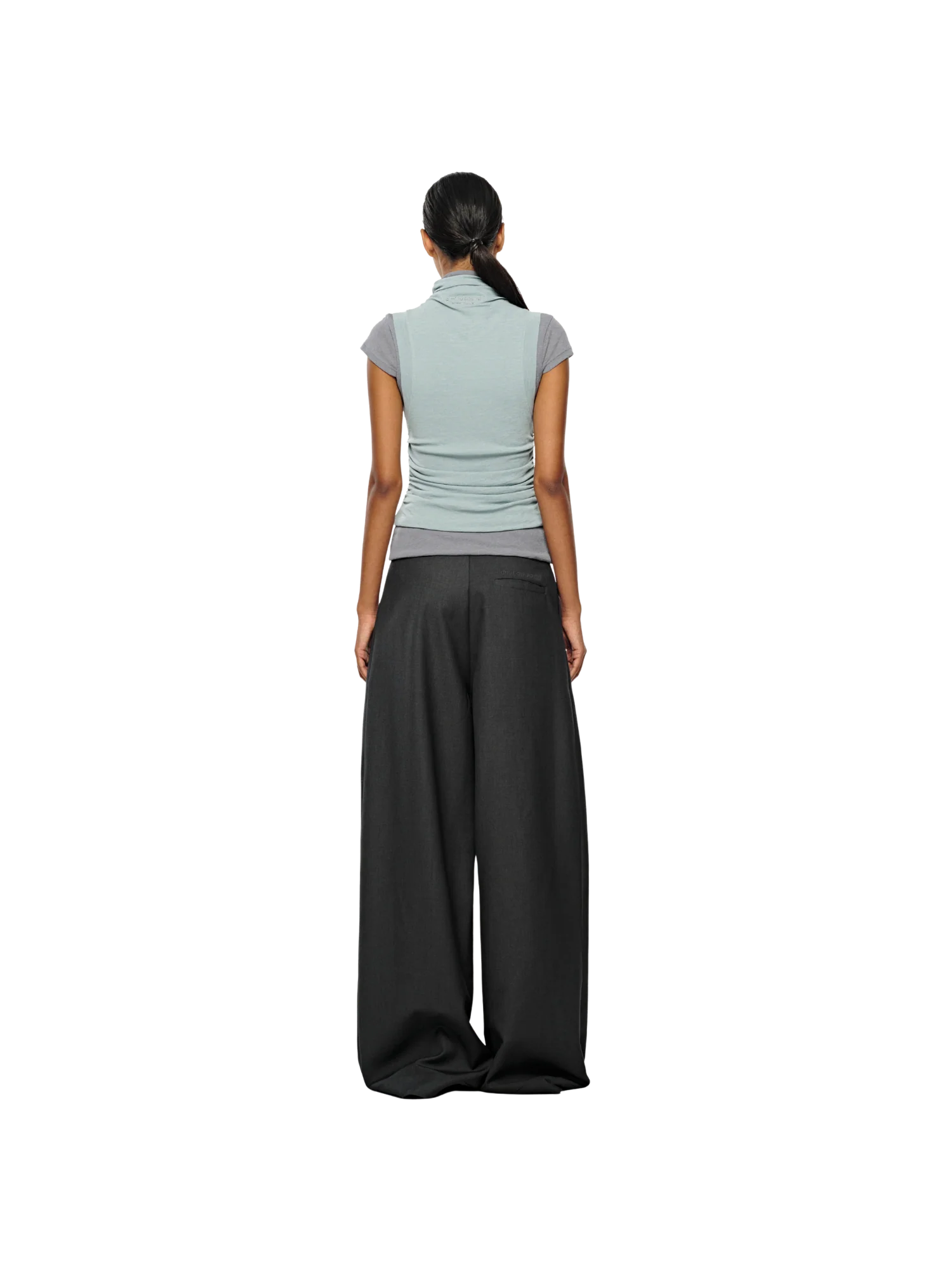 SHEER RUCHED NECK BUTTON TANK