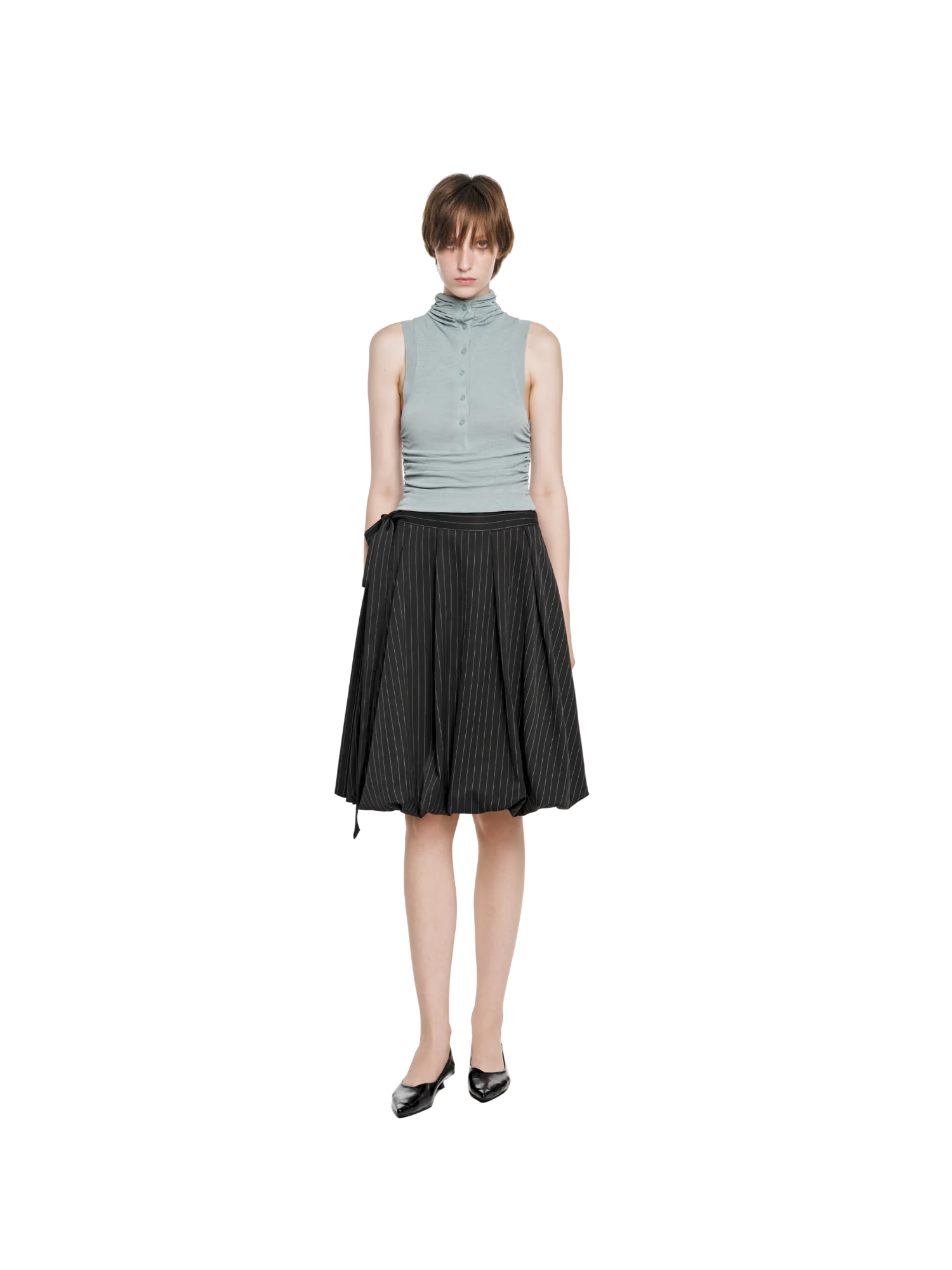 SHEER RUCHED NECK BUTTON TANK