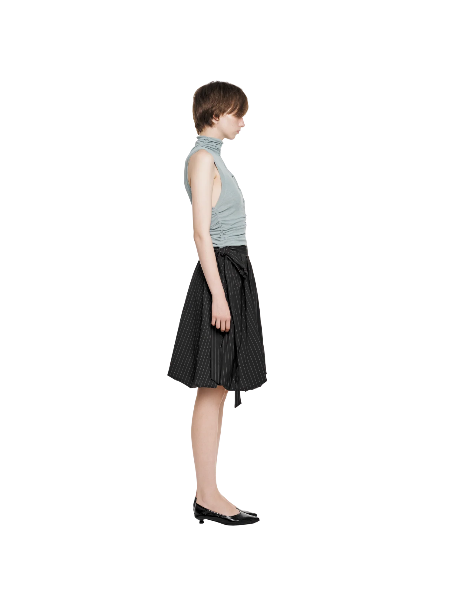 SHEER RUCHED NECK BUTTON TANK