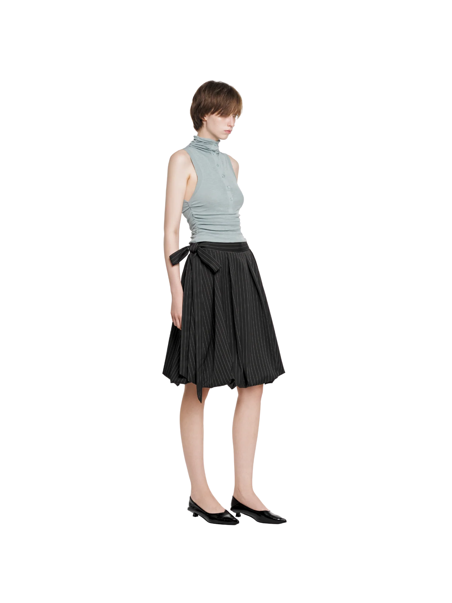 SHEER RUCHED NECK BUTTON TANK