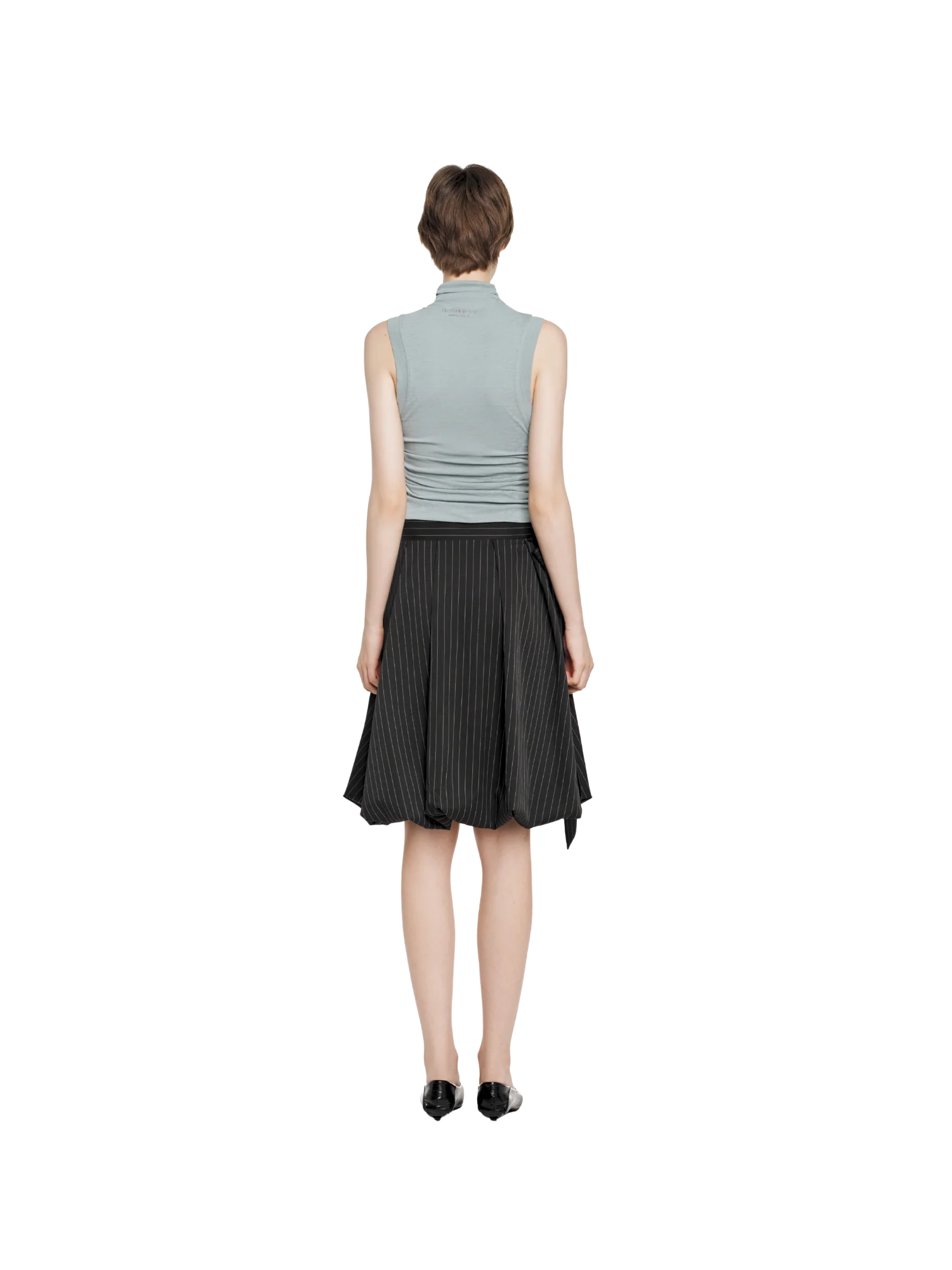 SHEER RUCHED NECK BUTTON TANK
